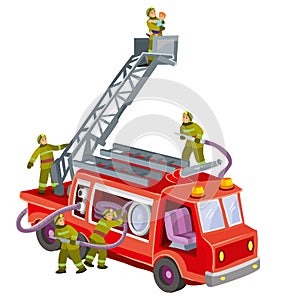 Firefighters on a fire truck rescuing a child, cartoon illustration, isolated object on white background, vector