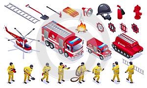 Firefighters, fire trucks, fire fighting helicopter and firemen tools Set isometric icons on white isolated background