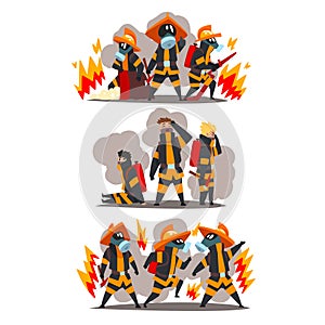 Firefighters with firefighting equipment, firemen characters in uniform and protective masks at work vector Illustration