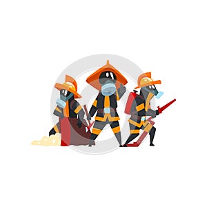 Firefighters with firefighting equipment, firemen characters in uniform at work vector Illustration on a white