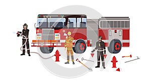 Firefighters or firemen wearing protective clothes or uniform, fire engine and firefighting equipment - fire hydrant