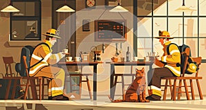 Firefighters having coffee during lunch break. For international firefighter day