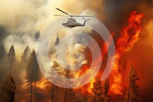 Firefighters helicopter flying above an intense forest wildfire, in heavy smoke and flames reaching red sky. Generative AI