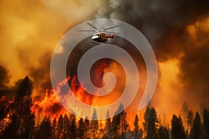 Firefighters helicopter flying with great risk over smoke and flames of a dramatic forest wildfire