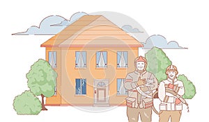 Firefighters holding a cat after extinguishing fire in country house vector cartoon outline illustration.