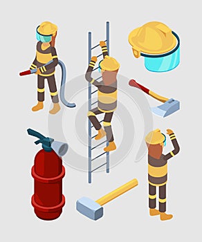 Firefighters isometric. Proffesional equipment of fire station hose boots extinguisher car vector 3d illustrations