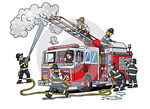 Firefighters near a fire truck extinguish the fire