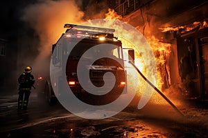 Firefighters next to a fire truck extinguishing a fire