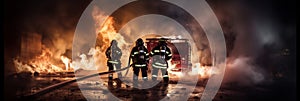 Firefighters next to a fire truck extinguishing a fire