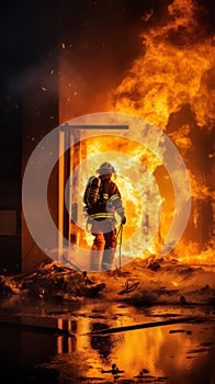 Firefighters next to a fire truck extinguishing a fire