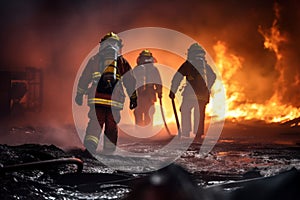 Firefighters next to a fire truck extinguishing a fire