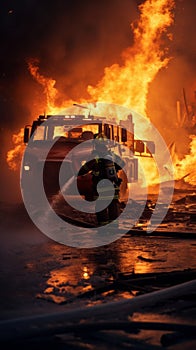 Firefighters next to a fire truck extinguishing a fire