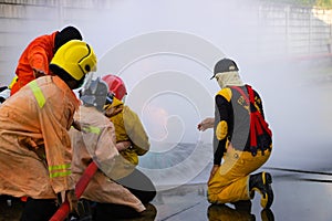 Firefighters practicing firefighting. To prevent a fire accident. A fire will cause a huge loss of property and money. Regular