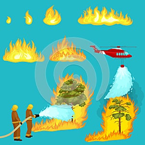Firefighters in protective clothing and helmet with helicopter extinguish with water from hoses dangerous wildfire.