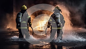 Firefighters in protective suits extinguishing a burning inferno with teamwork generated by AI