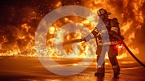 Firefighters in protective suits with hydrants extinguish a huge fire