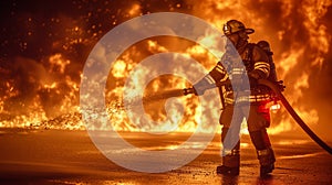 Firefighters in protective suits with hydrants extinguish a huge fire