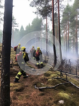 Firefighters put out forest fires. A group of fire fighters walking through a forest