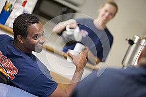 Firefighters relaxing in the staff kitchen