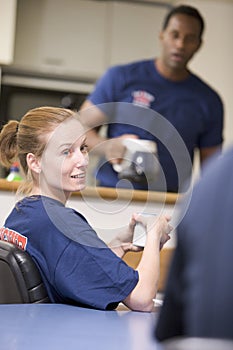 Firefighters relaxing in the staff kitchen