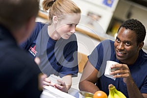 Firefighters relaxing in the staff kitchen