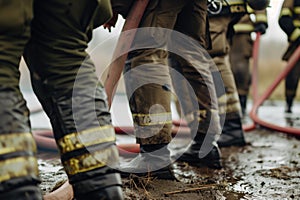 firefighters rolling up hose after successful drill completion