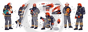 Firefighters situations. Fireman characters extinguish fire in protective uniform. Men with rescue children and animals