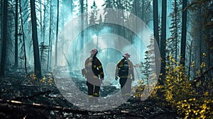 Firefighters in a Smoky Forest