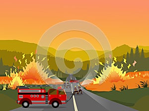 Firefighters spraying water from fire trucks to extinguish forest fires with mountains and yellow sky background