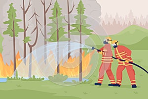 Firefighters suppressing wildland fire flat color vector illustration