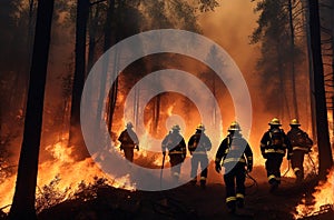 Firefighters team in burning forest