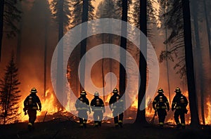 Firefighters team in burning forest