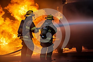 Firefighters team extinguishing fire with high-pressure water outdoor. Generative AI