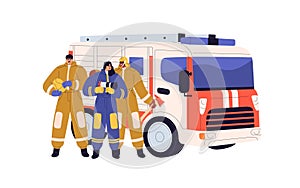 Firefighters team standing at truck, car engine. Men and woman fire fighters group portrait at professional firefighting