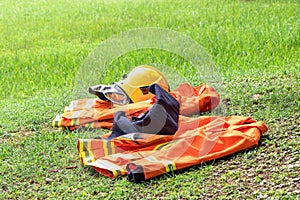 Firefighters tools helmet on floor for fire fighting training, accessories and equipment for fire fighting