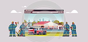 Firefighters in uniform near fire station firefighting concept digital fire department in web browser window