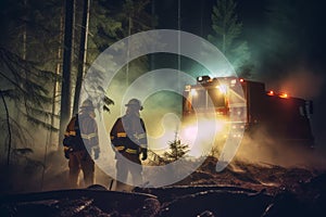 Firefighters using powerful floodlights to battle a forest fire during the night, creating a sense of urgency and highlighting