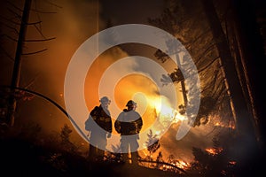Firefighters using powerful floodlights to battle a forest fire during the night, creating a sense of urgency and highlighting