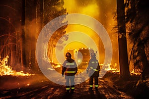 Firefighters using powerful floodlights to battle a forest fire during the night, creating a sense of urgency and highlighting