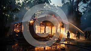 Firefighters valiantly battling a house fire, using powerful hoses to douse the flames