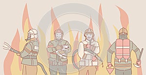 Firefighters vector cartoon outline illustration. Firemen extinguish fire with fire hose and rescue equipment.