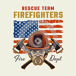 Firefighters vector emblem, logo, badge or label design illustration in colored style with fireman and american flag on