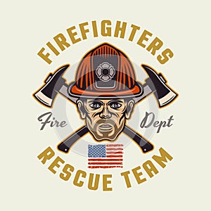 Firefighters vector emblem, logo, badge or label design illustration in colored style on light background