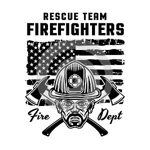 Firefighters vector emblem, logo, badge or label design illustration in monochrome style with fireman and american flag