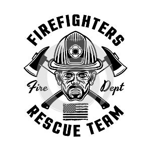 Firefighters vector emblem, logo, badge or label design illustration in monochrome style isolated on white background