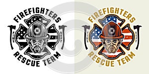 Firefighters vector emblem, logo, badge or label design illustration in two styles black on white and colored