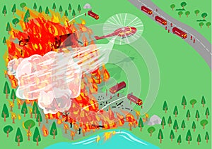 Firefighters via air and land transportation dispernses. Editable Clip Art. photo