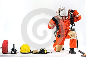 Firefighters wearing firefighting clothing on white background and Helps to prevent fire