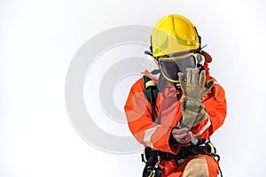 Firefighters wearing firefighting clothing on white background and Helps to prevent fire