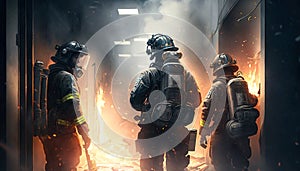 Firefighters work on fire, firemen walk in building on flame background, generative AI